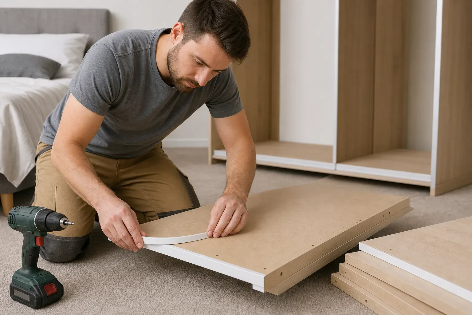 A carpenter pressing a PVC edge strip onto the cut face of a moisture-resistant MDF wardrobe panel on the bedroom floor while a cordless drill and additional panels rest nearby on the carpet