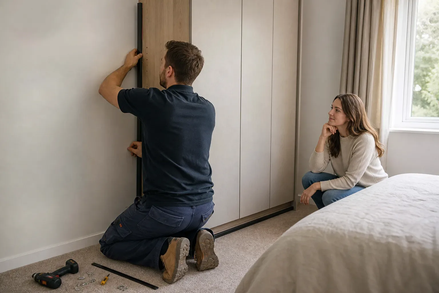 A tradesperson fitting a slim ventilation gap spacer behind a wardrobe carcass panel on an external bedroom wall while a homeowner watches and installation hardware lies on the carpet below