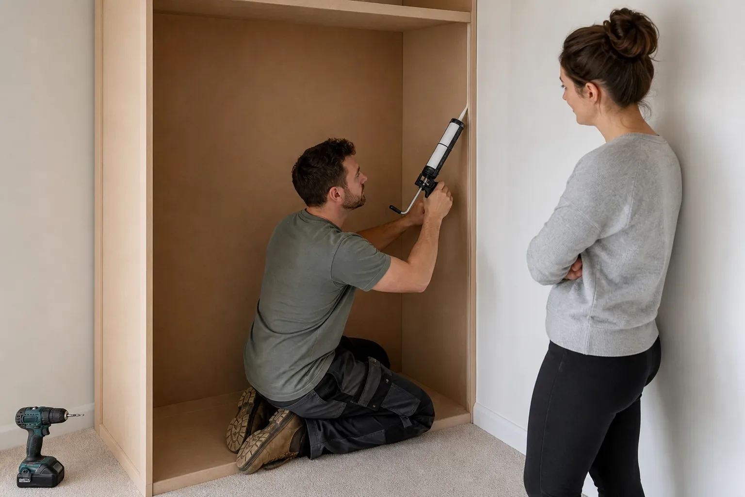 A carpenter fixing the back panel of an alcove wardrobe carcass and sealing the joint at the chimney-breast wall with a bead of sealant while a homeowner observes and a cordless drill rests on the carpet