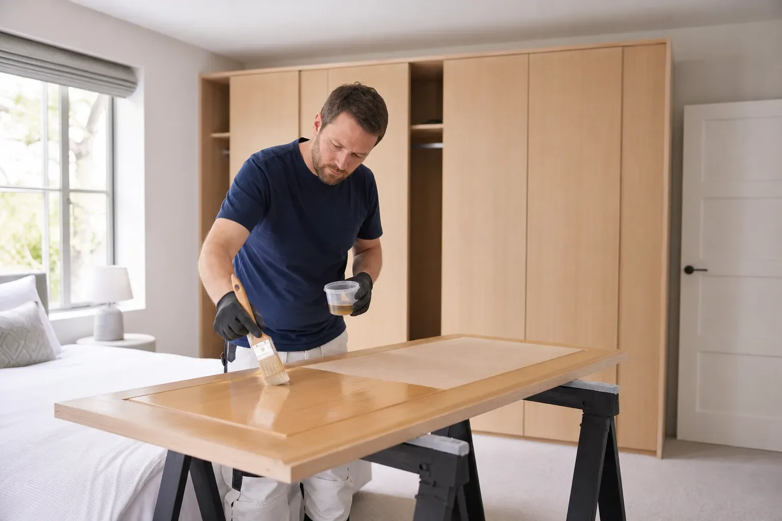 A tradesperson brushing a two-pack polyurethane finish onto a wardrobe door panel propped on sawhorses in a bright bedroom while the floor-to-ceiling carcass with bare doors stands against the wall behind