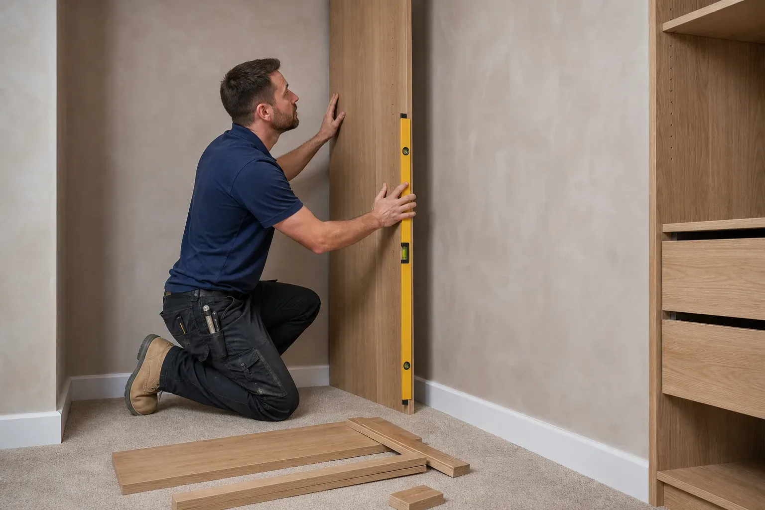 A tradesperson pressing a wardrobe side panel flat against a freshly plastered bedroom wall to check the fit before fixing while a spirit level confirms the plumb and timber offcuts lie on the carpet nearby