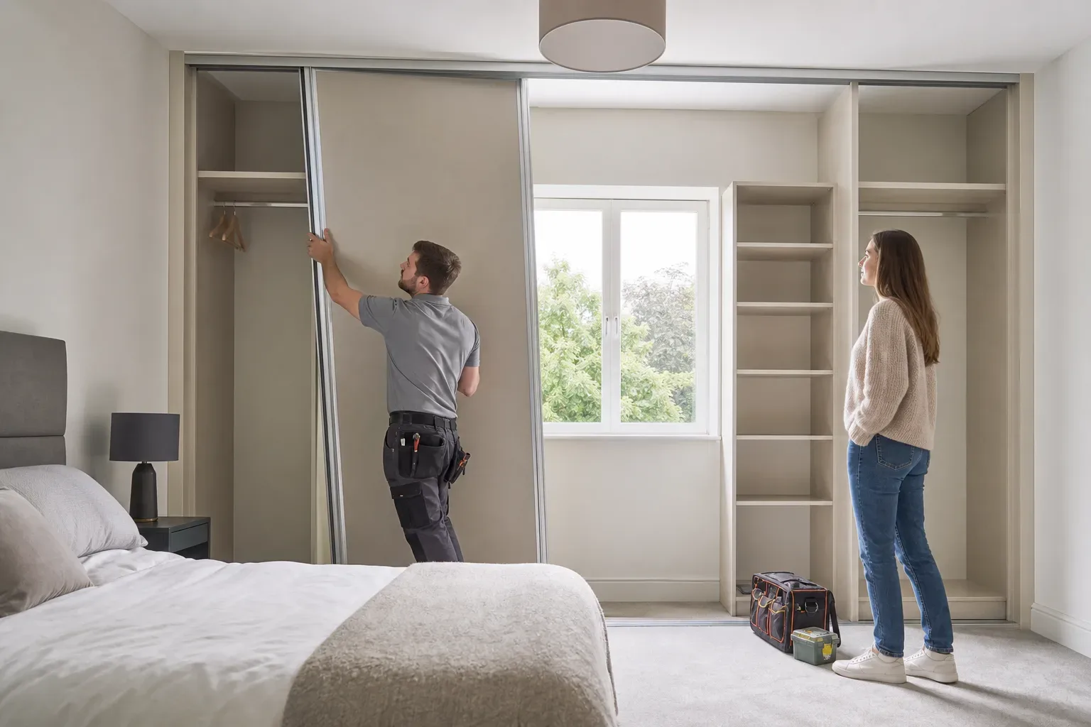 A carpenter fitting a sliding door panel onto a wardrobe carcass spanning the full width of a new-build bedroom wall while a homeowner watches and daylight enters from the centred window behind