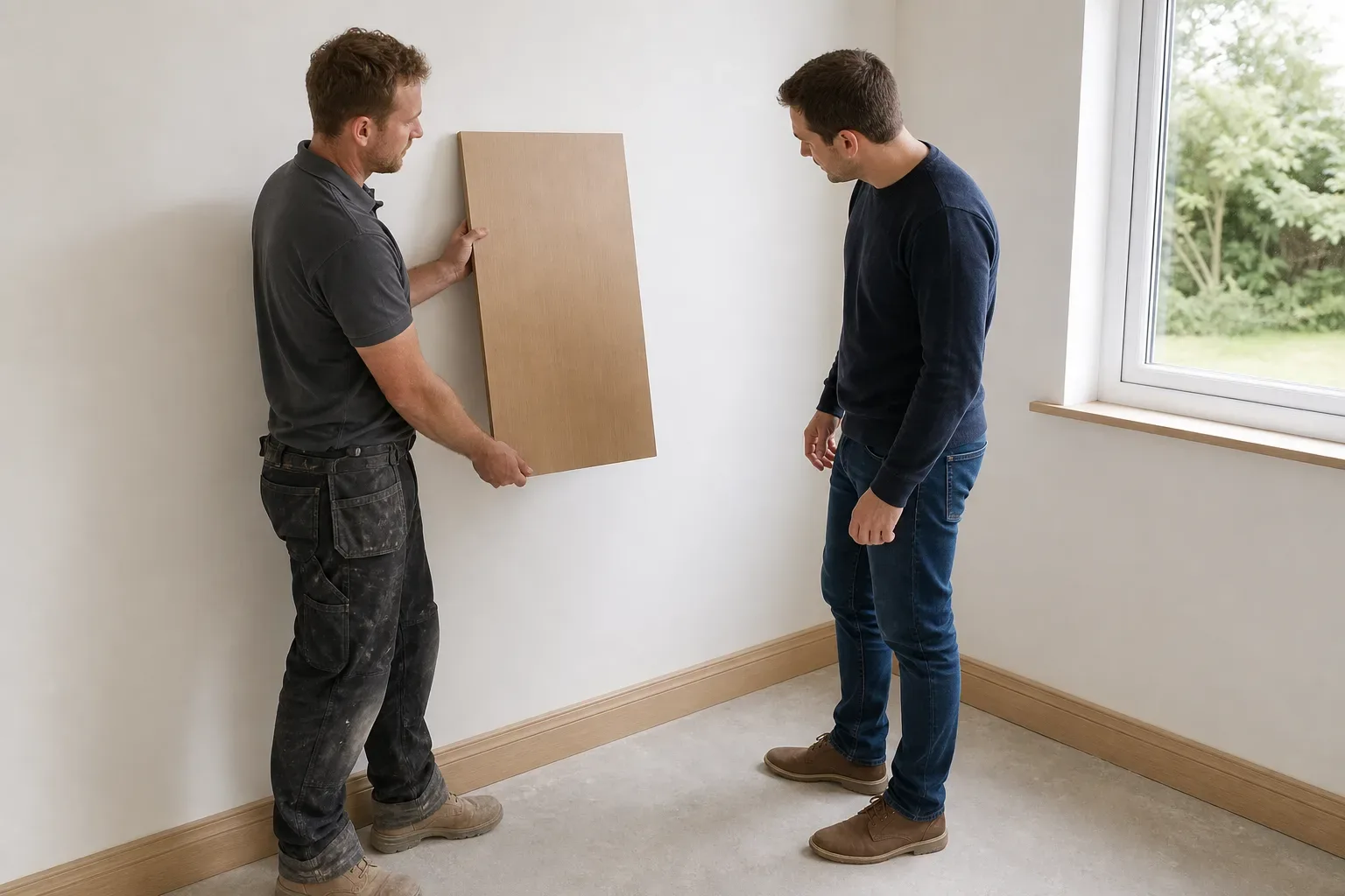 A tradesperson holding a handleless MDF wardrobe door against the white walls of a new-build bedroom while the homeowner compares the tone to the existing skirting boards in natural daylight