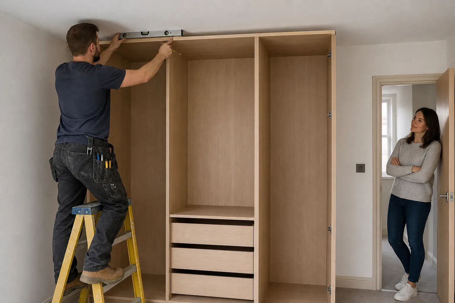A carpenter scribing the top panel of a wardrobe carcass to the ceiling of a new-build bedroom while checking the fit with a spirit level and a homeowner watches from the doorway