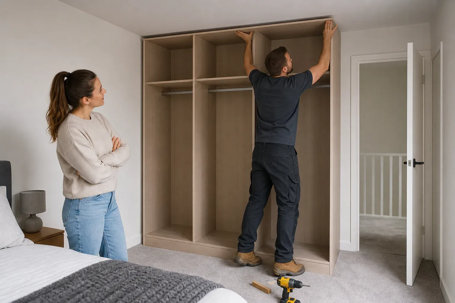 A tradesperson pressing the top panel of a tall wardrobe carcass tight to the ceiling of a compact bedroom while a homeowner watches and a cordless drill and timber offcuts rest on the carpet below