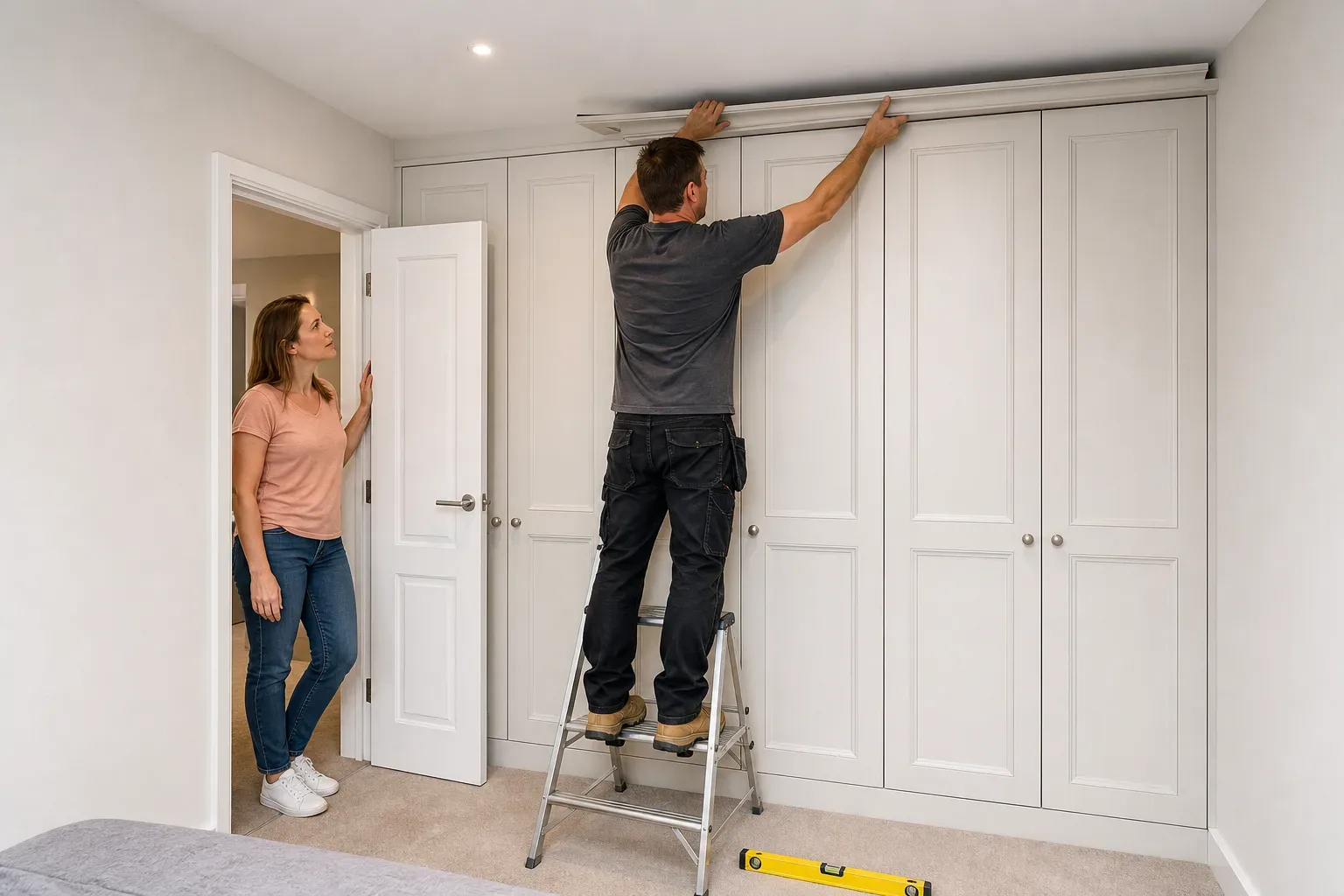 A carpenter installing the cornice panel of a floor-to-ceiling wardrobe at ceiling height in a small bedroom while a spirit level rests on the carpet and the homeowner observes from the doorway