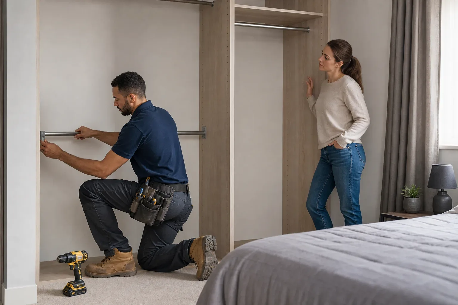 A tradesperson fitting a double-hang rail bracket at half height inside an open wardrobe section while a homeowner inspects the existing single rail in the adjacent bay from across the small bedroom