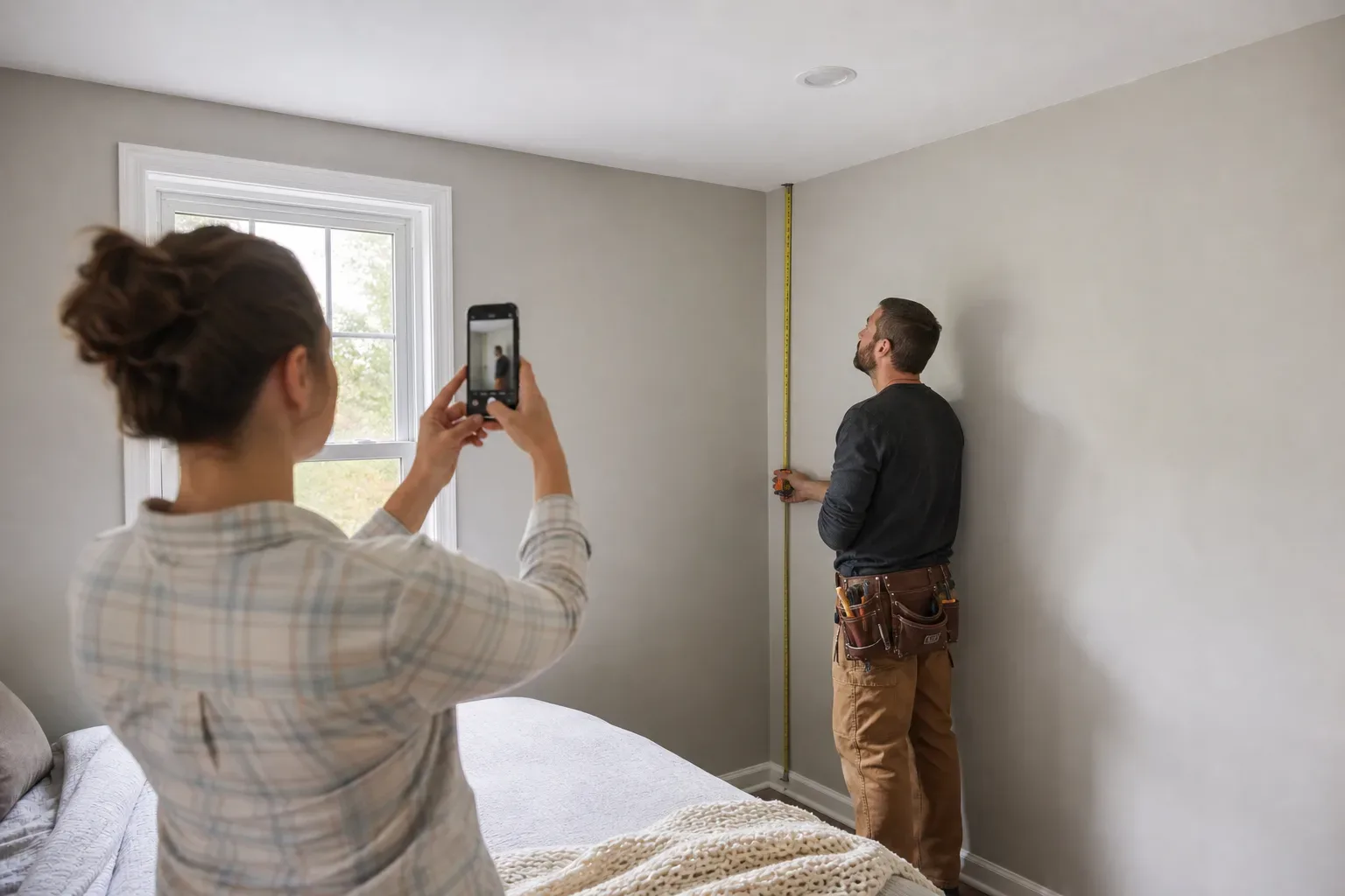 A homeowner photographing a small bedroom wall on a phone to share at a survey while a carpenter stands nearby measuring the ceiling height with a steel tape in natural daylight