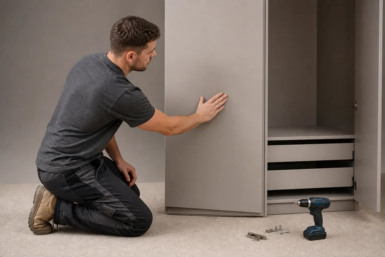 A person kneels on carpeted flooring to press a panel into place on a grey wardrobe unit, with a cordless drill and fixings resting nearby