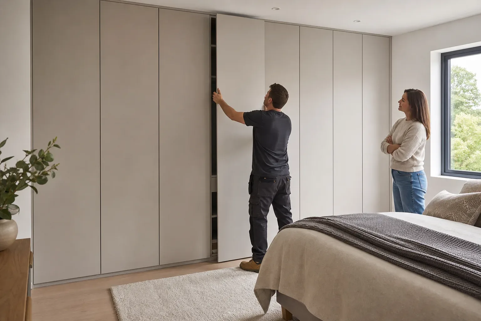 A tradesperson slides open a panel on a large fitted floor-to-ceiling wardrobe while a homeowner stands nearby observing, in a tidy neutral bedroom