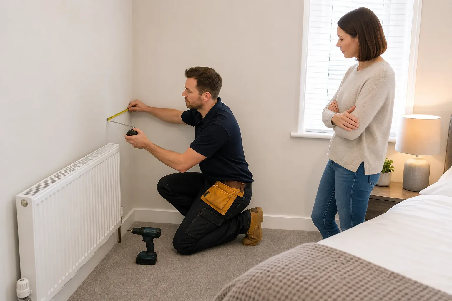 A tradesperson kneels to measure a wall above a radiator with a tape measure whilst a homeowner stands nearby watching, in a tidy carpeted bedroom