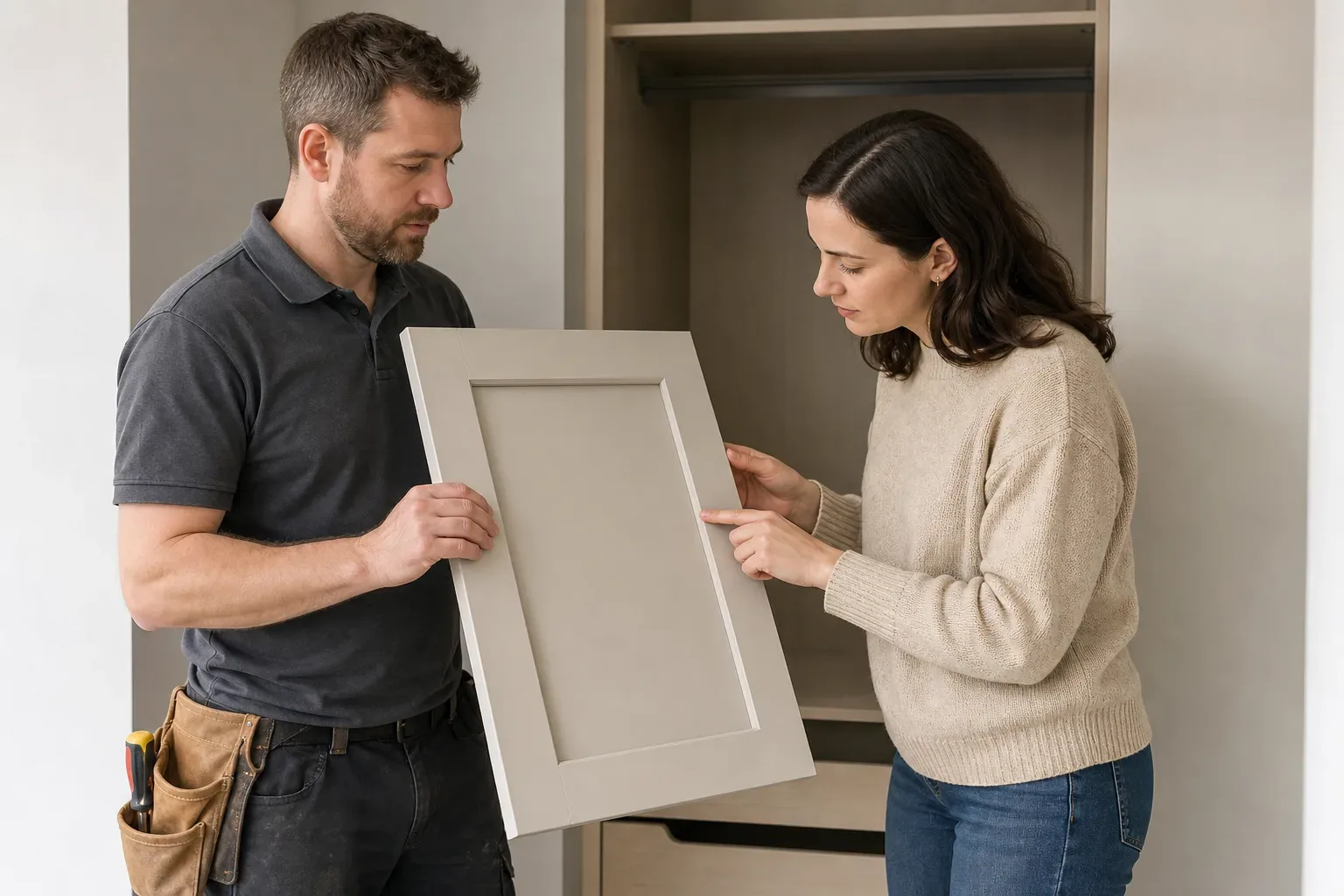 A tradesperson and a homeowner examine a cabinet door panel together in front of an open fitted wardrobe unit