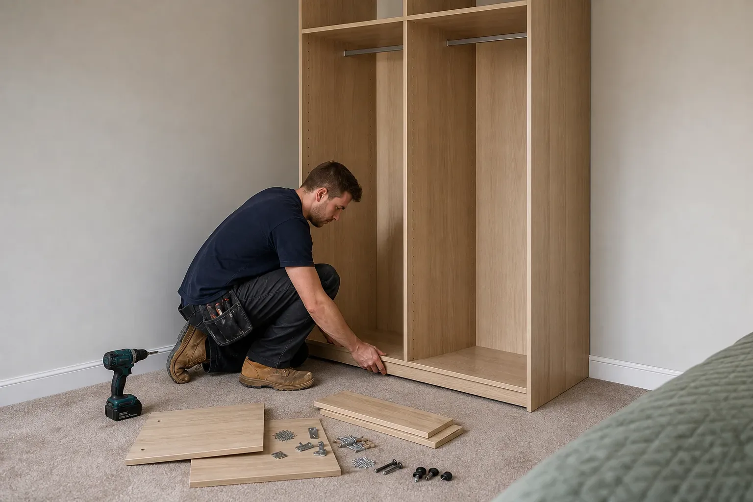 A tradesperson kneels on a carpeted bedroom floor fitting a panel into the base of a tall open wardrobe carcass, with a cordless drill, timber offcuts, and assorted fixings laid out nearby