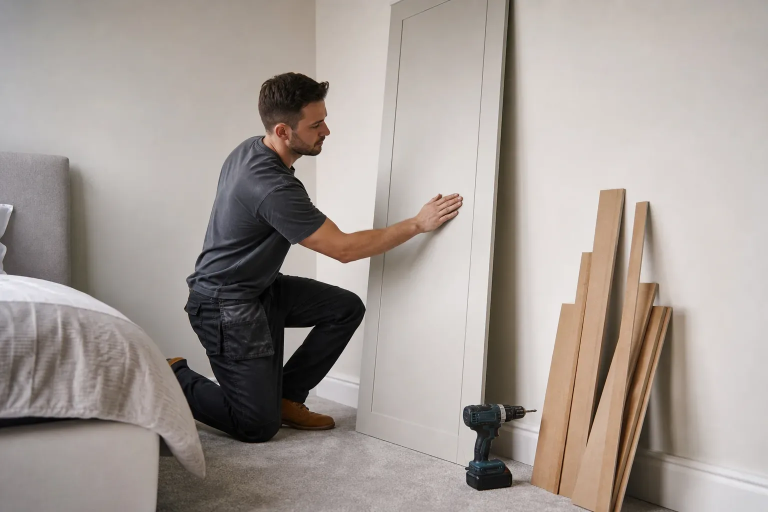 A person kneels on a bedroom floor pressing a tall white door panel against a wall, with a cordless drill and timber offcuts nearby
