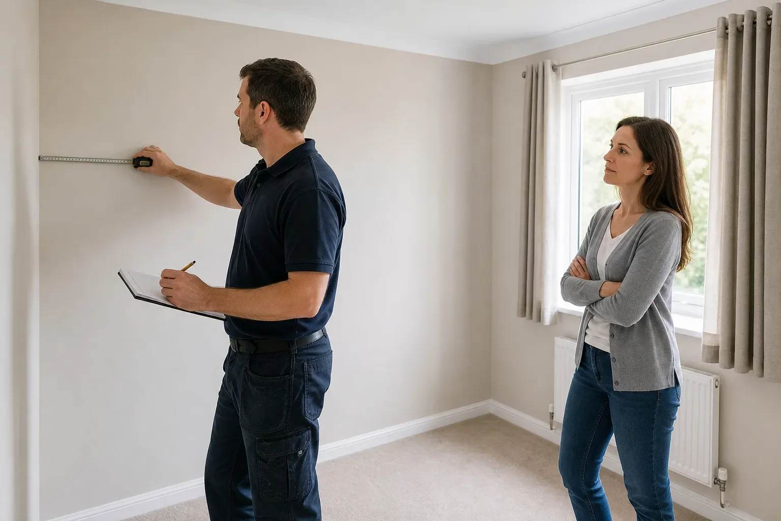 A person measures a wall with a tape measure and clipboard while another person stands nearby with arms folded in an empty carpeted room