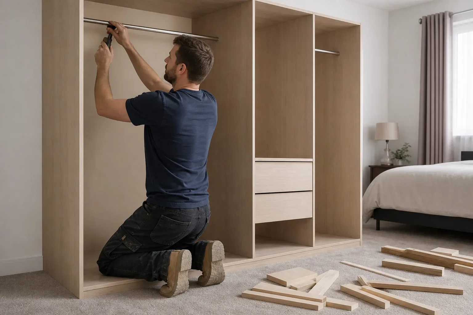 A person kneels on a carpeted bedroom floor fitting a hanging rail inside a large open wardrobe carcass, with timber offcuts scattered nearby