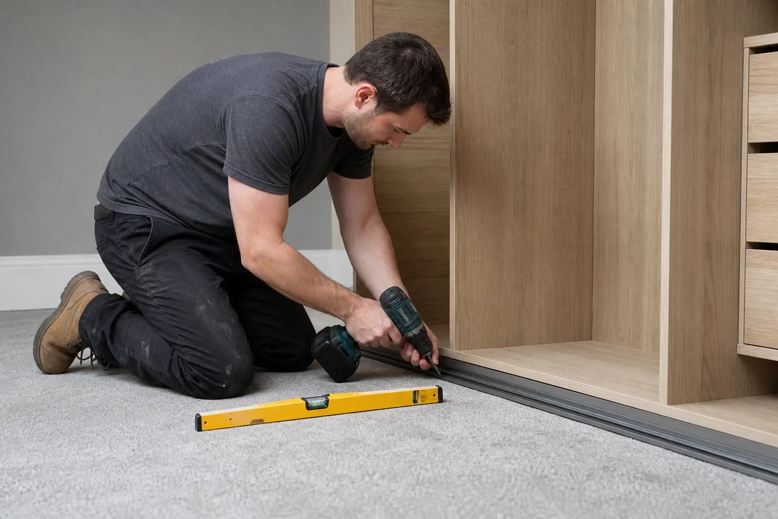 A person kneels on carpet using a cordless drill to fix a sliding-door track at the base of a fitted wooden wardrobe unit, with a spirit level resting nearby