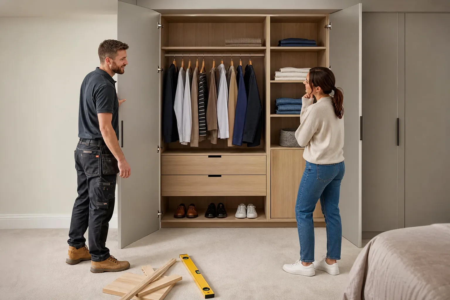 A tradesperson and a homeowner admire a newly installed open wardrobe fitted with hanging clothes, shelves, drawers, and a shoe rack, with timber offcuts and a spirit level on the carpet below