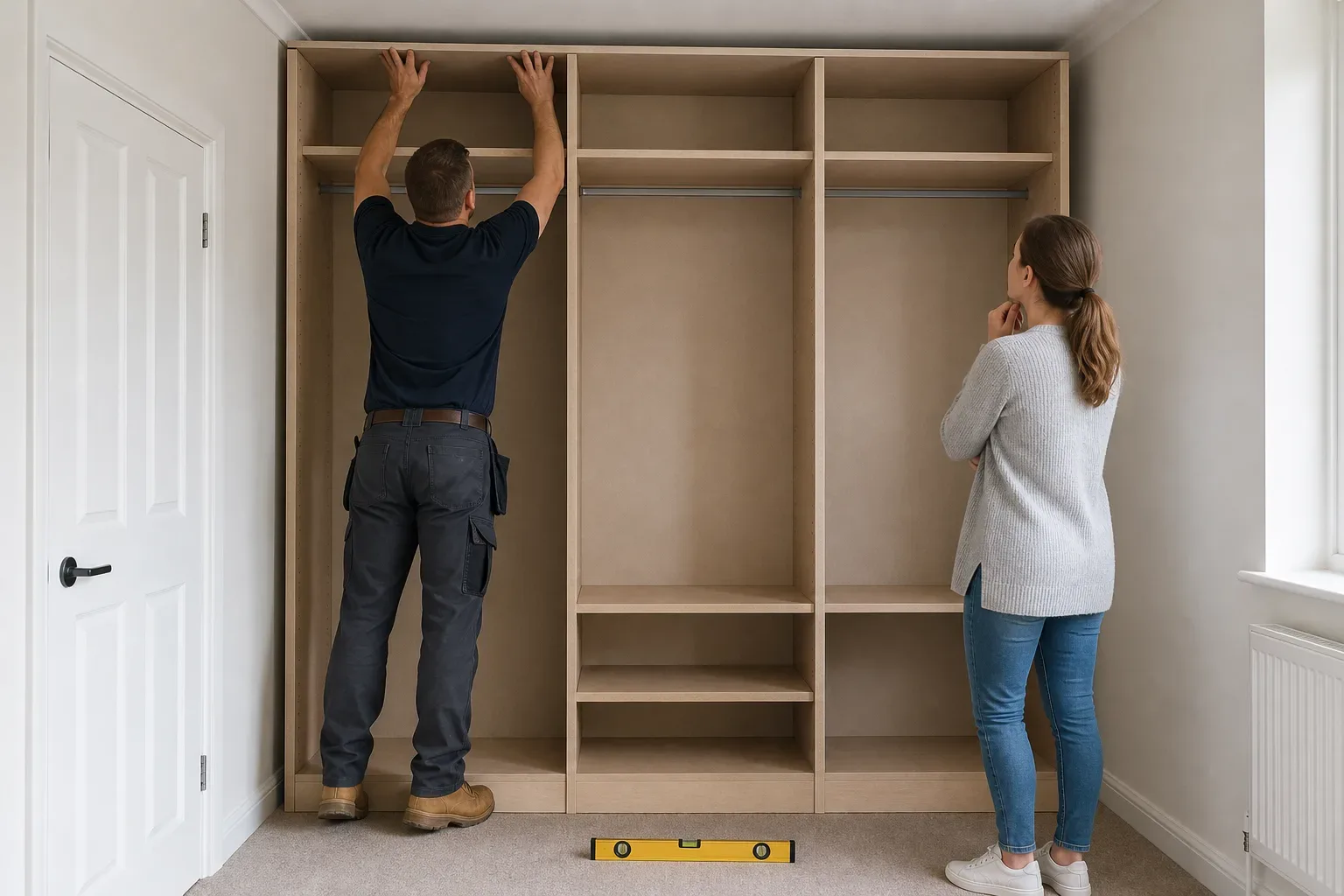 A tradesperson pressing the top panel of a floor-to-ceiling wardrobe carcass to the ceiling while a homeowner stands back to see how the unit fills the entire wall height and a spirit level rests on the carpet
