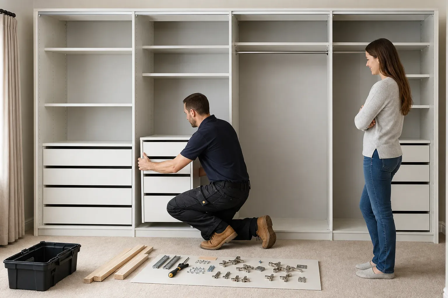 A carpenter installing a drawer tower beside a hanging rail section inside a wide open wardrobe carcass while a homeowner looks on and installation hardware lies on the carpet outside the unit