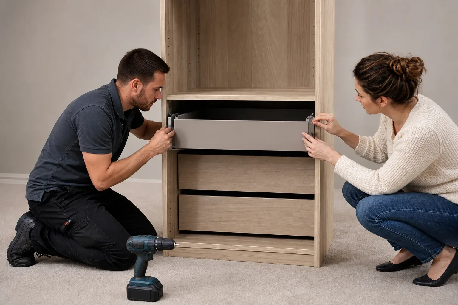 A tradesperson fitting a pull-out drawer mid-section into a compact wardrobe carcass while a homeowner checks the depth of the drawer from the front of the unit and a cordless drill rests on the carpet