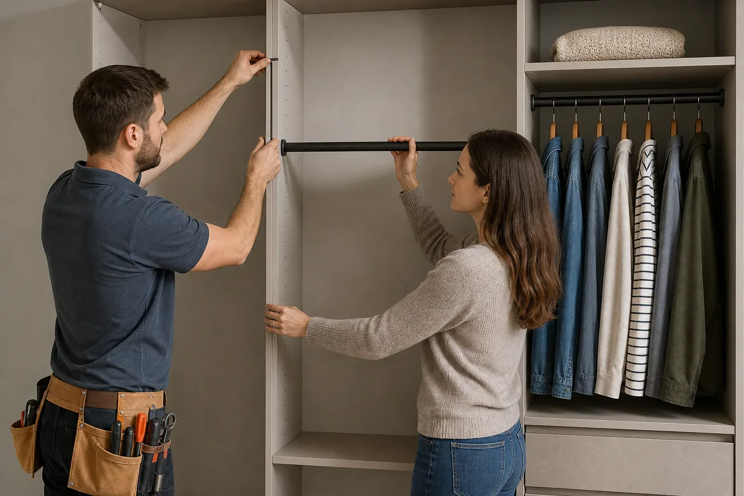A tradesperson adjusting the height of a double-hang rail inside an open wardrobe section while a homeowner holds the rail in position and organised clothing hangs in the adjacent completed bay