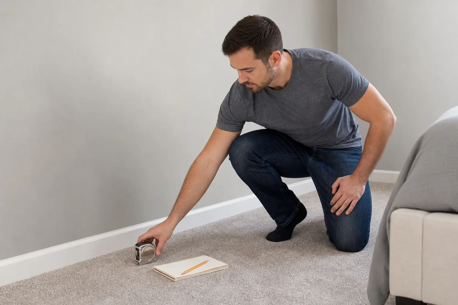 A homeowner laying a steel tape measure, notepad and pencil on the bedroom carpet beside a bare wall before beginning to take measurements for a wardrobe installation