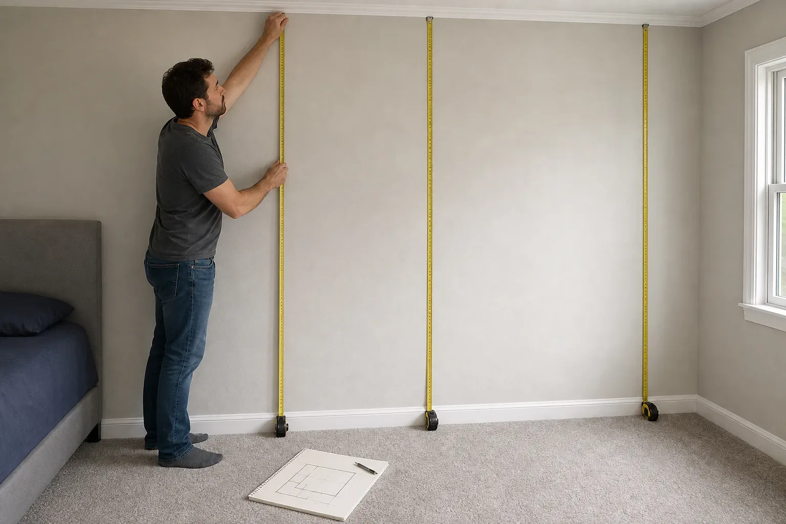 A homeowner measuring the floor-to-ceiling height of a bedroom wall at three points with a steel tape while marking each figure on a rough sketched floor plan resting on the carpet