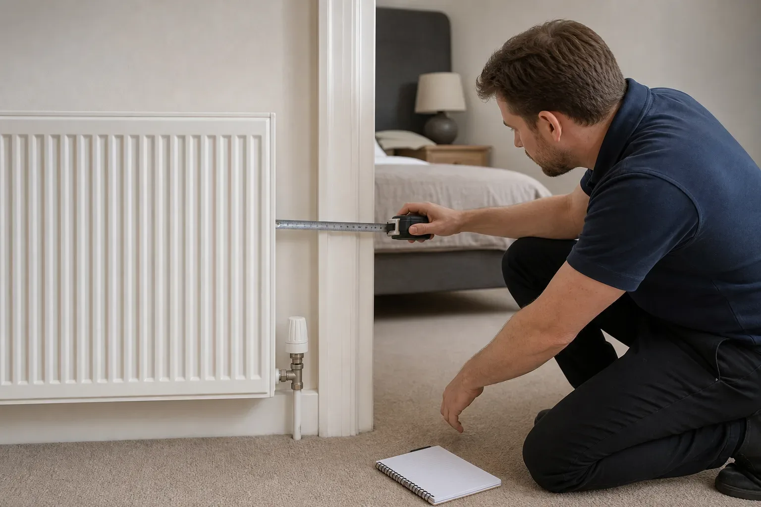 A homeowner measuring the gap between a bedroom radiator and the adjacent doorframe with a steel tape while crouching on the carpet and a notepad rests on the floor beside them