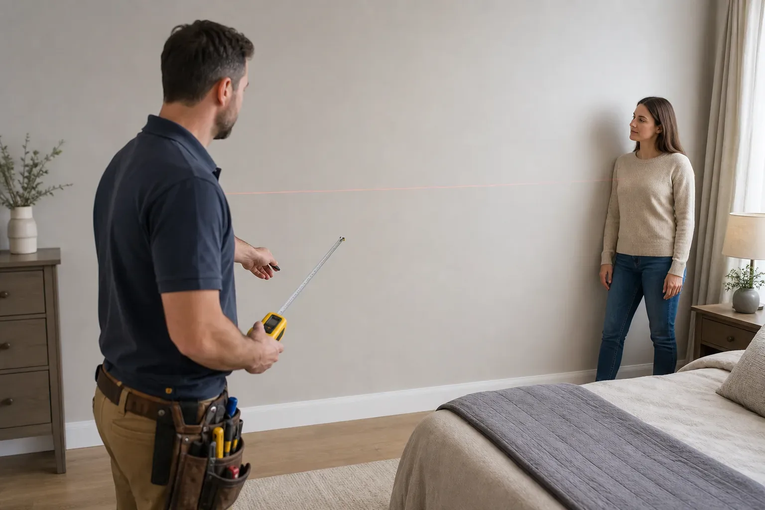 A carpenter arriving in a tidy bedroom with a calibrated steel tape and laser measurer to conduct a professional survey while a homeowner steps back to allow access to the bare wall