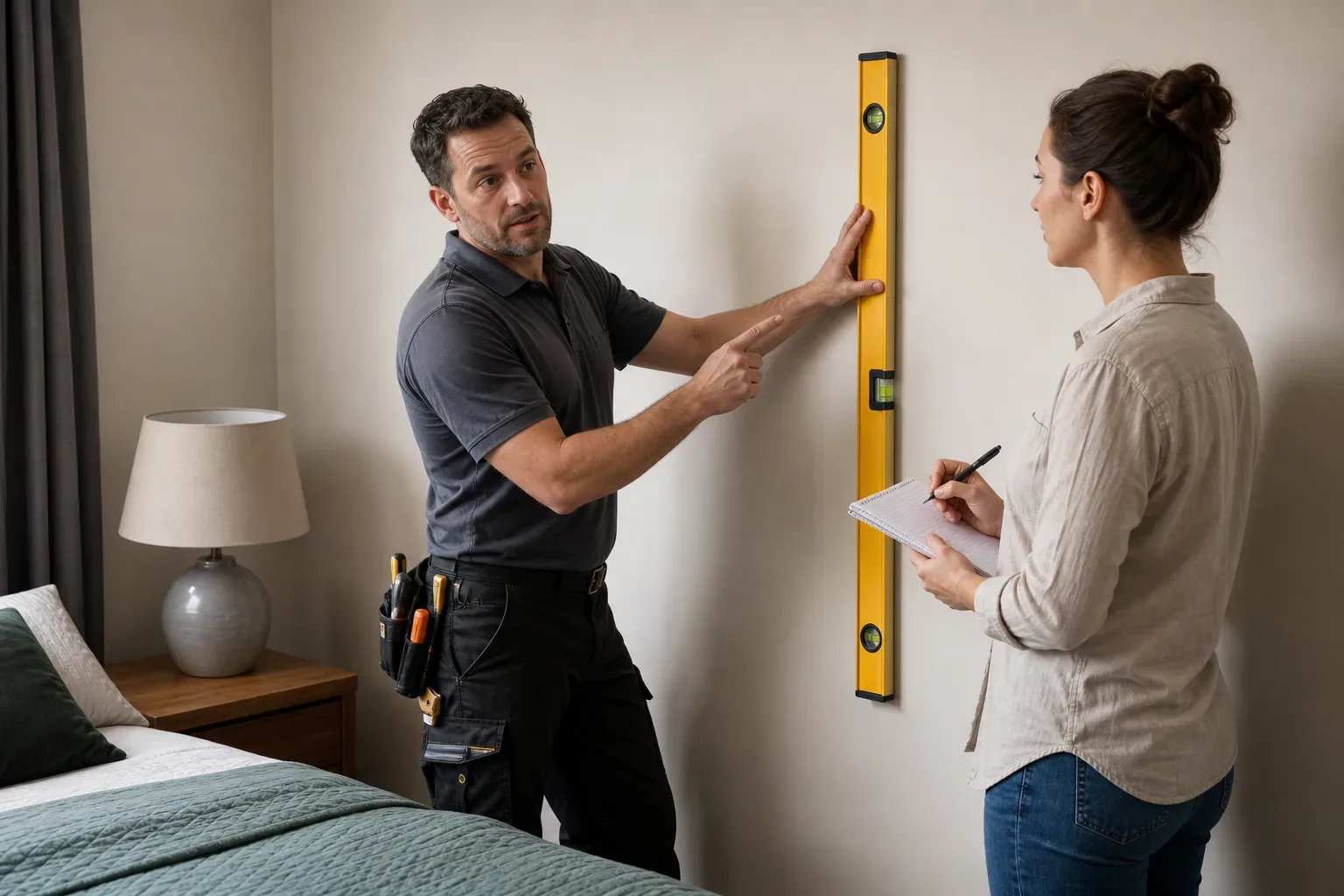 A tradesperson pressing a spirit level against the bedroom wall where a wardrobe will be fixed and confirming the plumb reading to a homeowner who notes the result on a pad