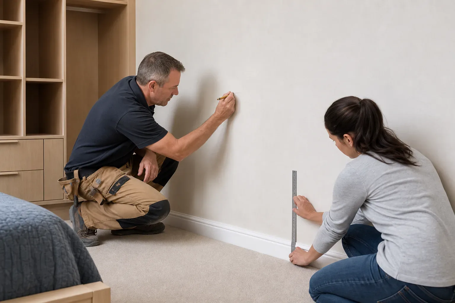 A homeowner measuring the skirting board height at the base of the wardrobe wall with a small rule while the carpenter crouches nearby marking pencil lines on the plaster for the carcass fixing points