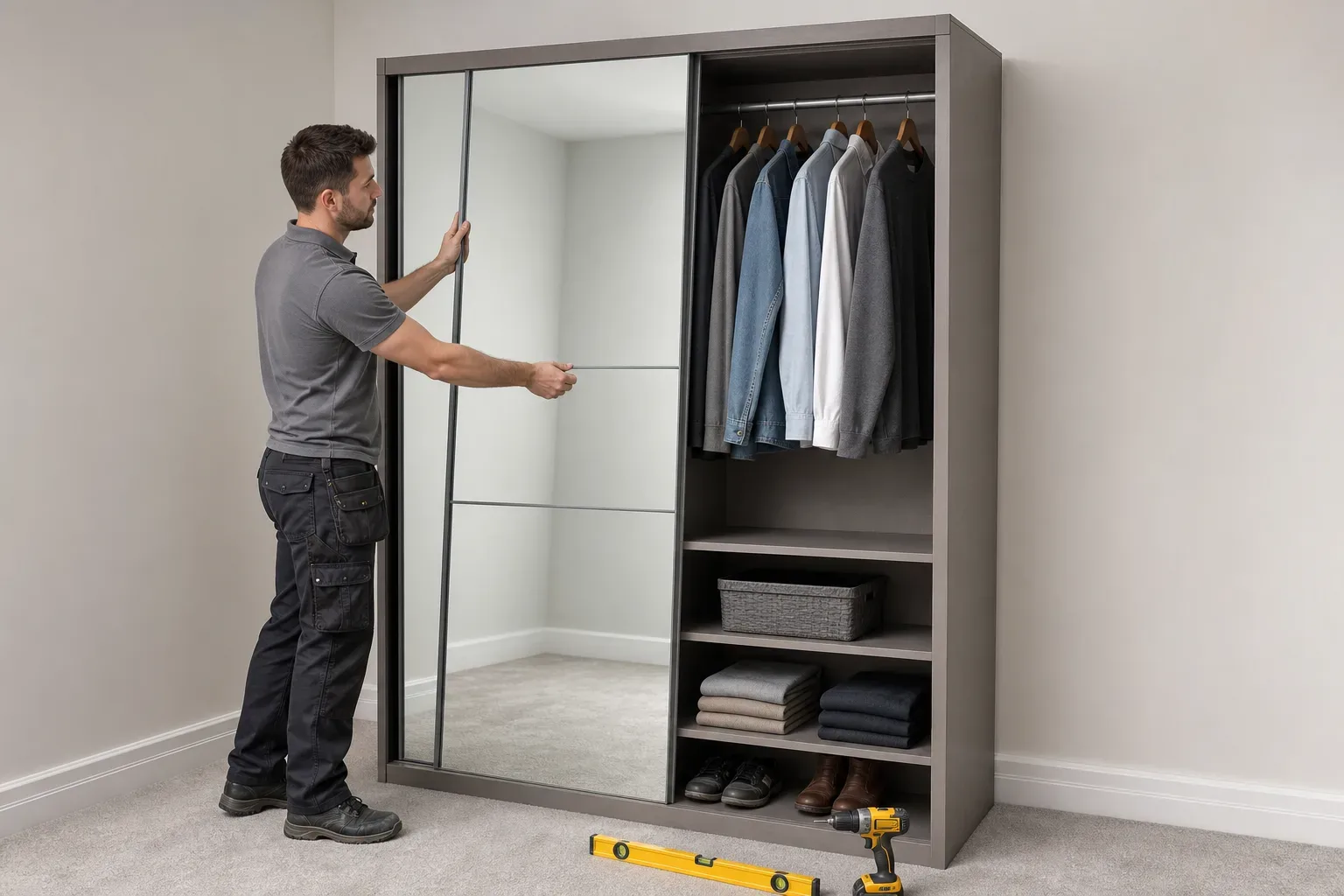 A tradesperson sliding a mirrored wardrobe door panel to one side to reveal the organised hanging rail inside while a spirit level and cordless drill rest on the carpet beside the base of the unit
