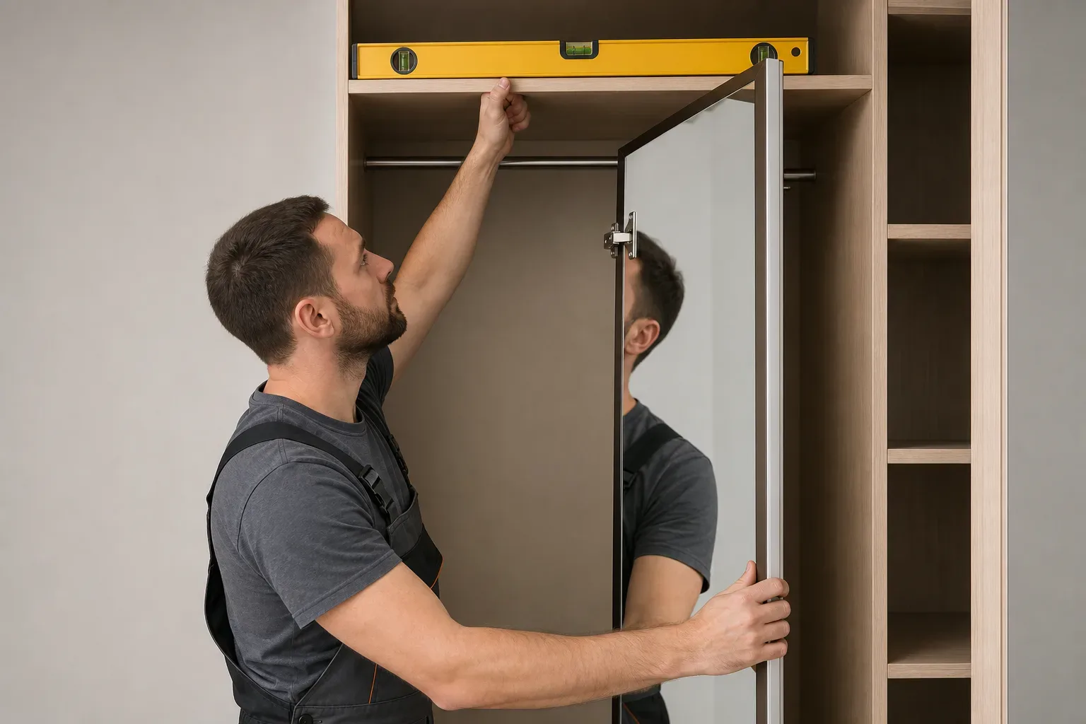 A worker in overalls holds a mirrored wardrobe door in place whilst checking alignment with a spirit level resting on the top shelf
