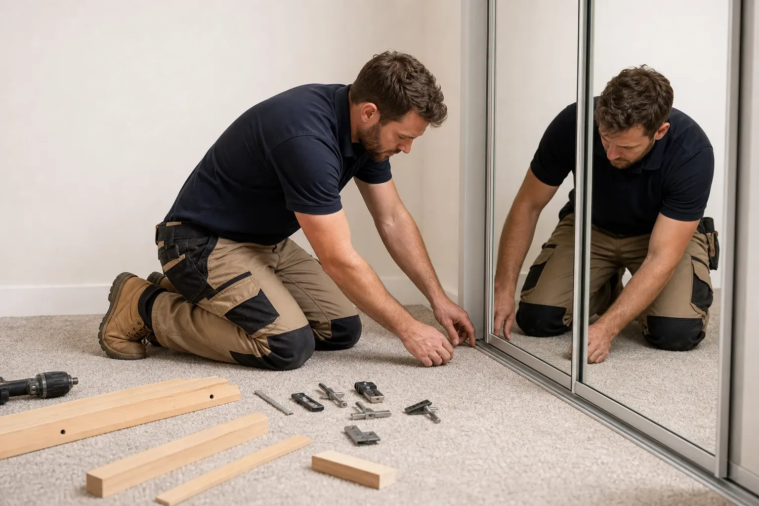 A carpenter kneeling on the carpet to align the bottom guide track of a mirrored sliding wardrobe door while timber offcuts and installation hardware lie nearby on the fitted carpet