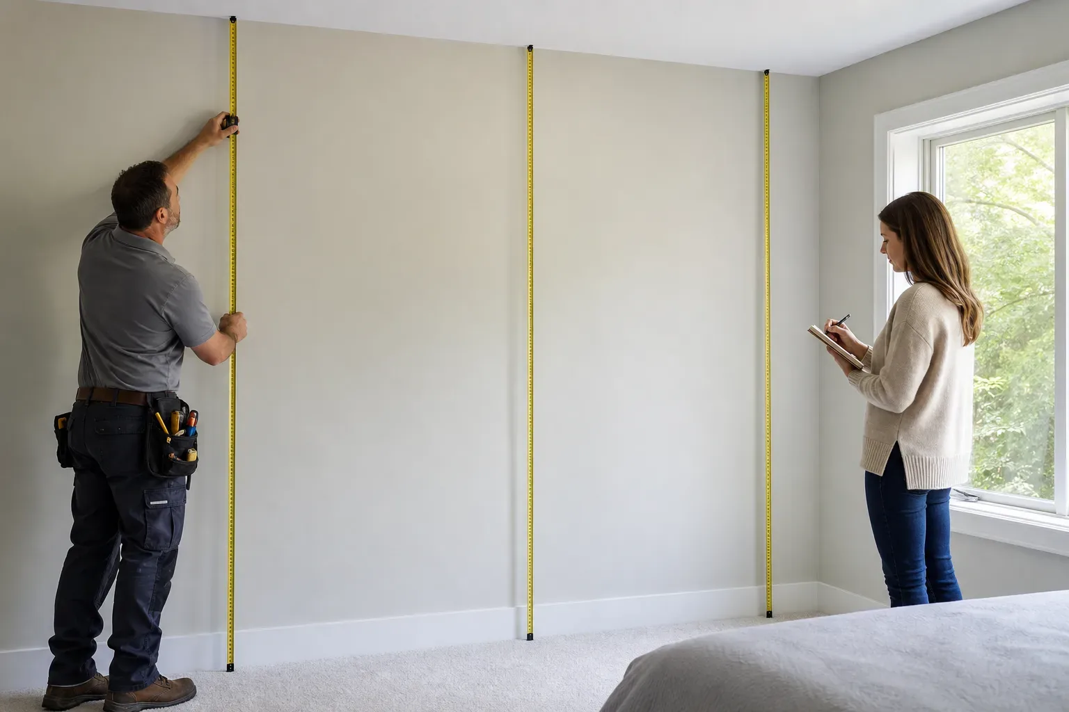 A tradesperson measures a bedroom wall with a tape measure while another person stands nearby taking notes