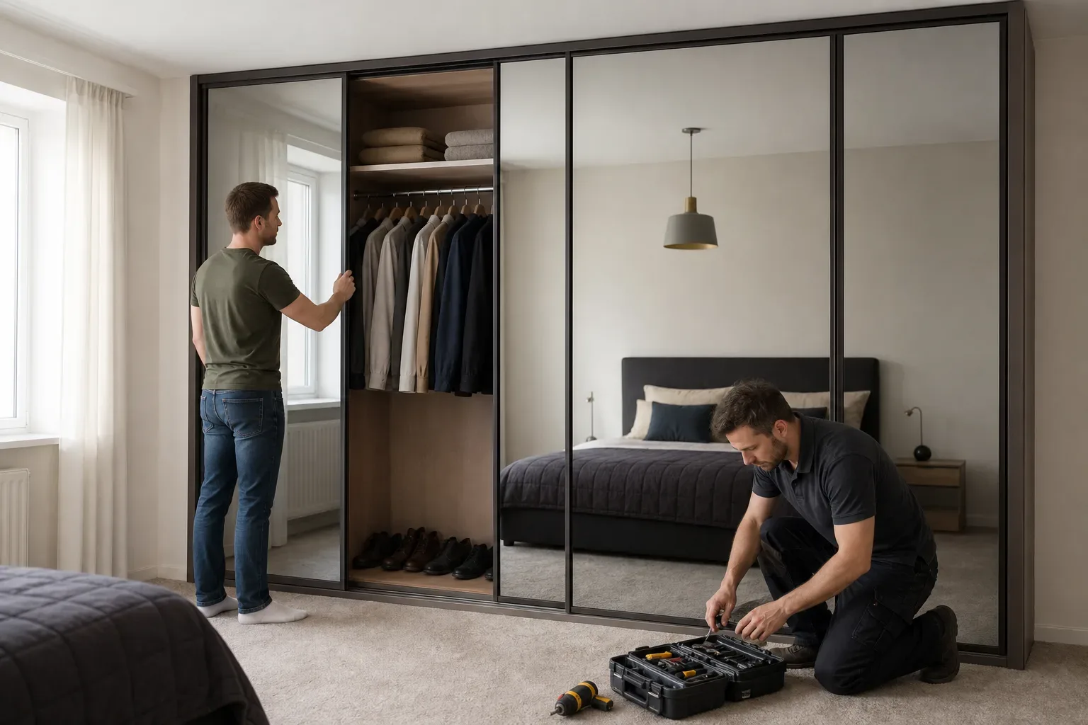 A homeowner opening one panel of a large mirrored sliding wardrobe to access the full-length hanging rail inside while the carpenter gathers tools from the carpet nearby