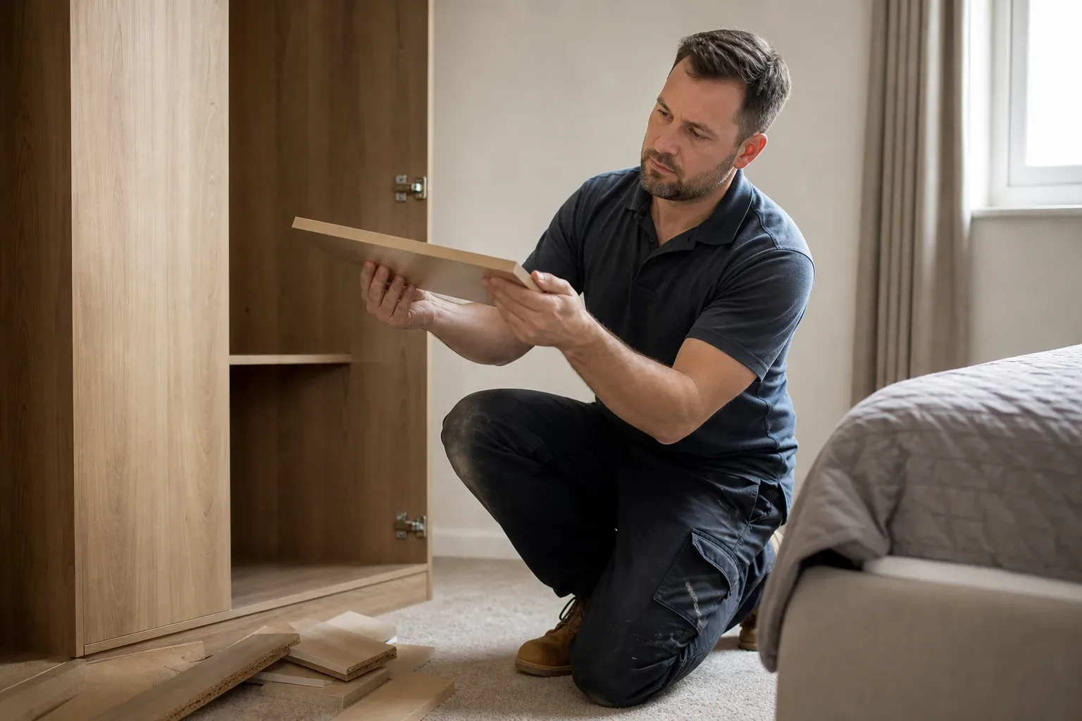 A tradesperson examining the edge of a wardrobe door panel under the light from a bedroom window to check for a smooth lacquer finish while timber offcuts lie on the carpet beside the carcass