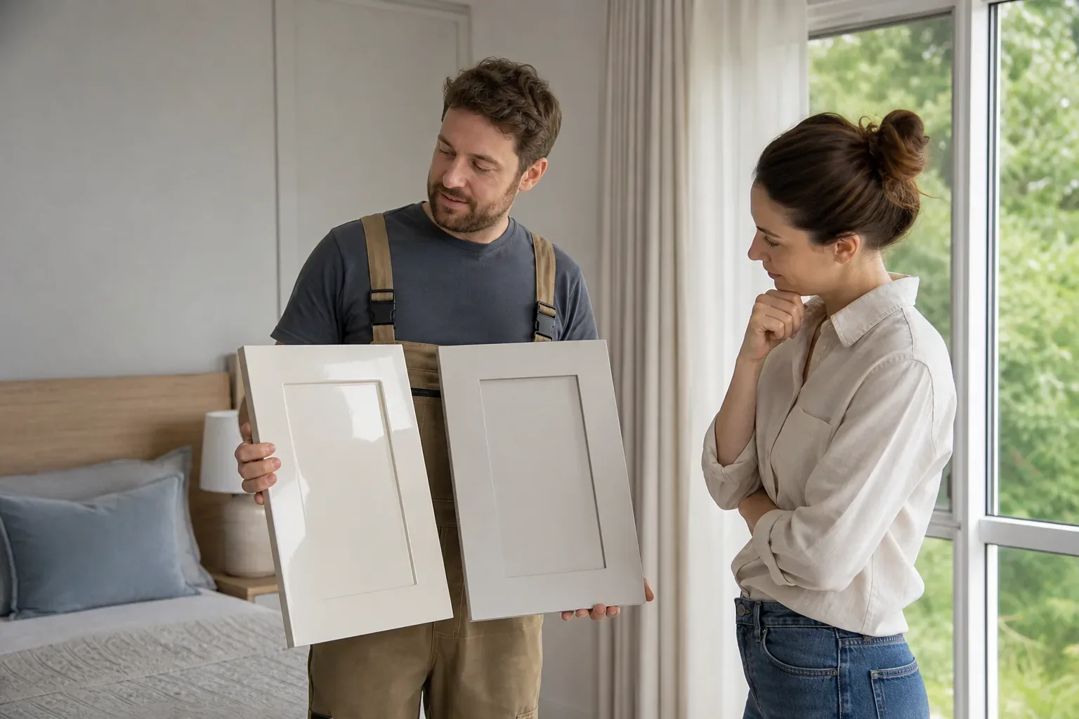 A carpenter comparing a satin-lacquered MDF door panel with a matt-lacquered panel held side by side in a tidy bedroom while a homeowner views both in natural daylight from the window