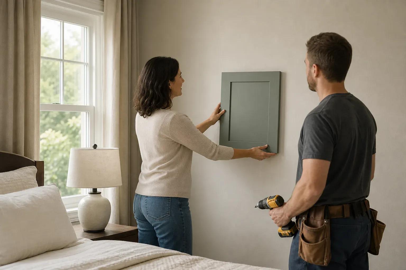 A homeowner holding a painted wardrobe door sample up against the neutral bedroom wall while daylight enters through the window beside them and the carpenter waits with a cordless drill nearby