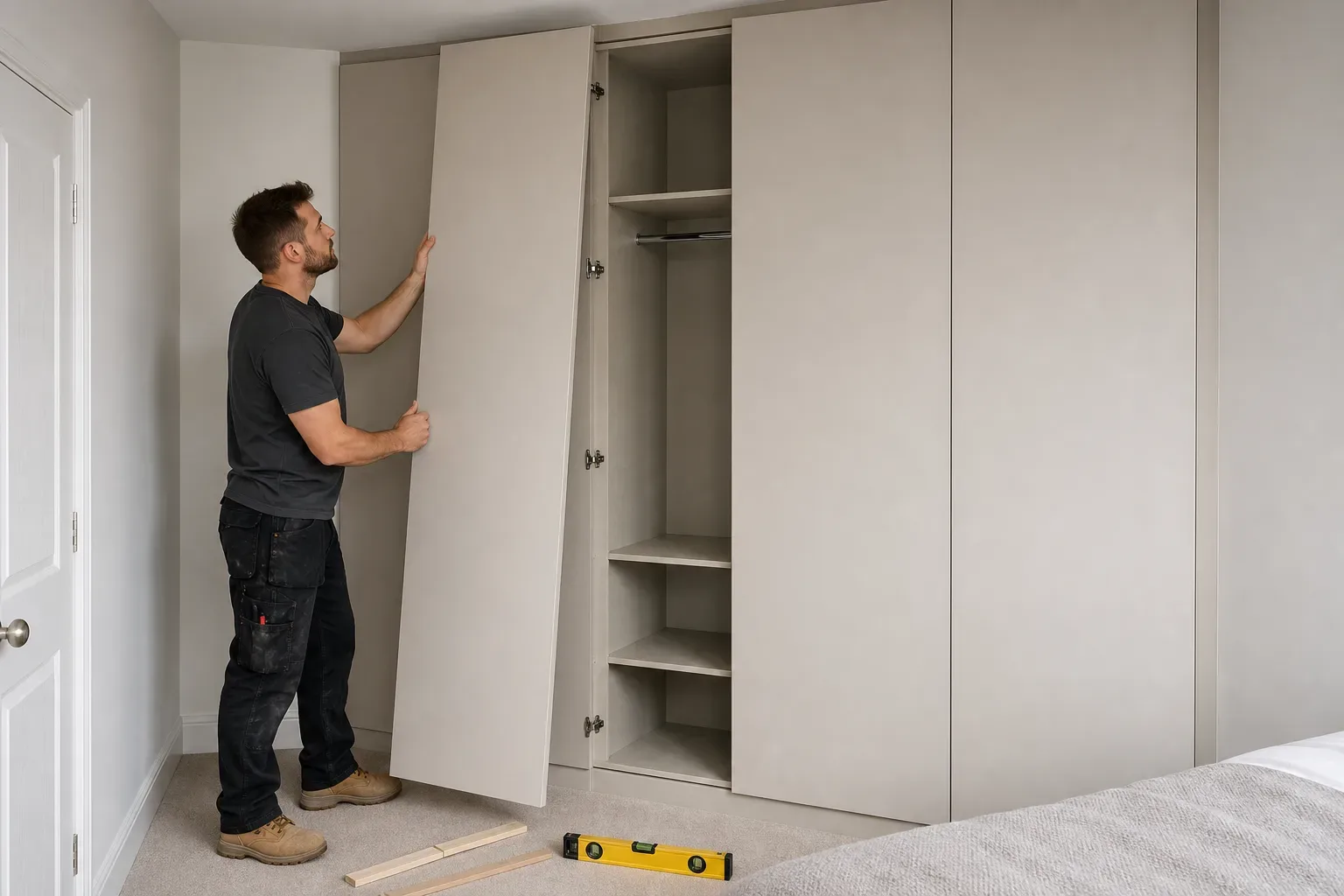 A tradesperson fitting a lacquered MDF door onto a floor-to-ceiling wardrobe carcass in a bedroom alcove while a spirit level and timber offcuts rest on the carpet below the unit