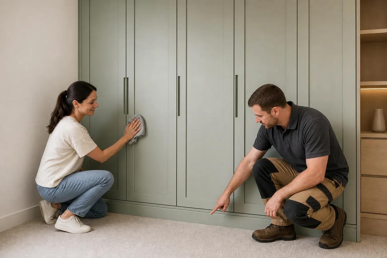 A homeowner wiping the surface of a painted wardrobe door with a damp cloth while the carpenter stands beside the floor-to-ceiling unit pointing to the sealed edge at the base