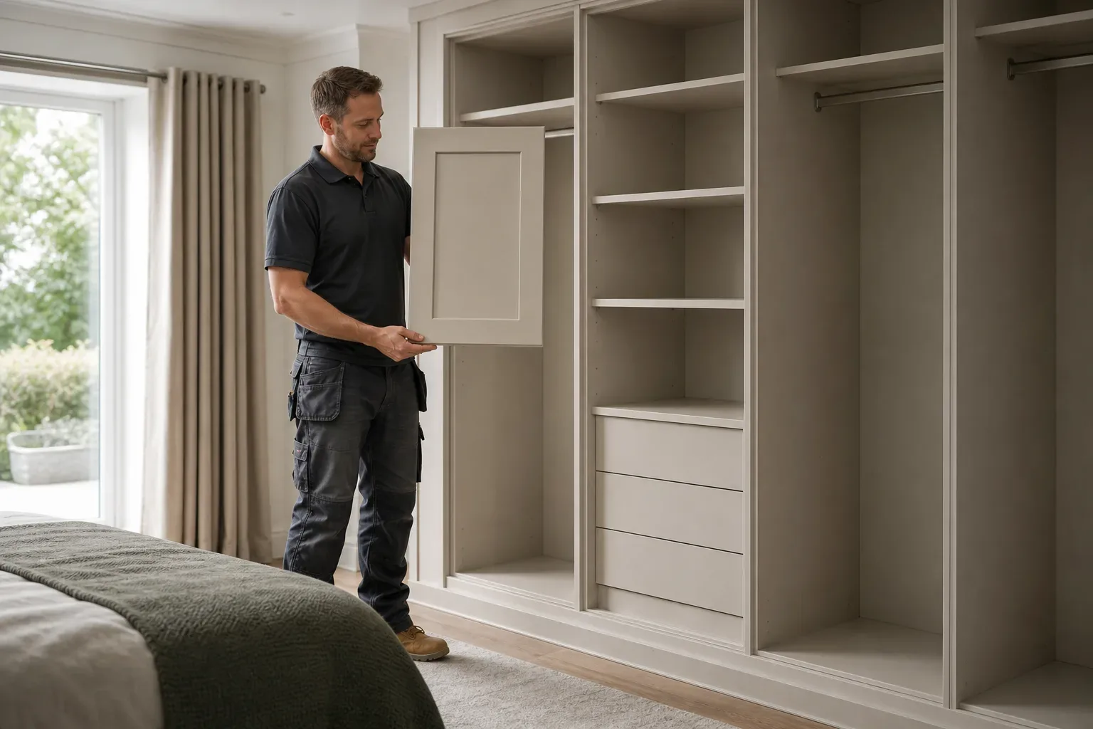 A tradesperson holds a cabinet door panel whilst fitting a large built-in wardrobe unit in a tidy, naturally lit bedroom