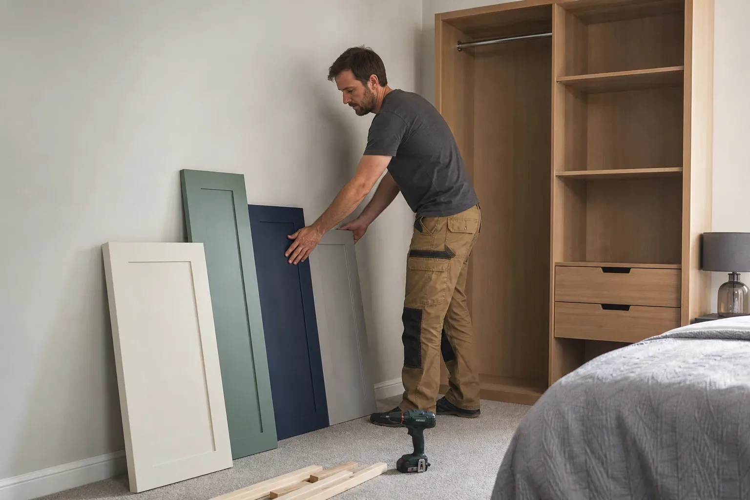 A person in work trousers arranges coloured cabinet door panels against a wall beside a partially fitted open wardrobe unit, with a cordless drill on the floor nearby