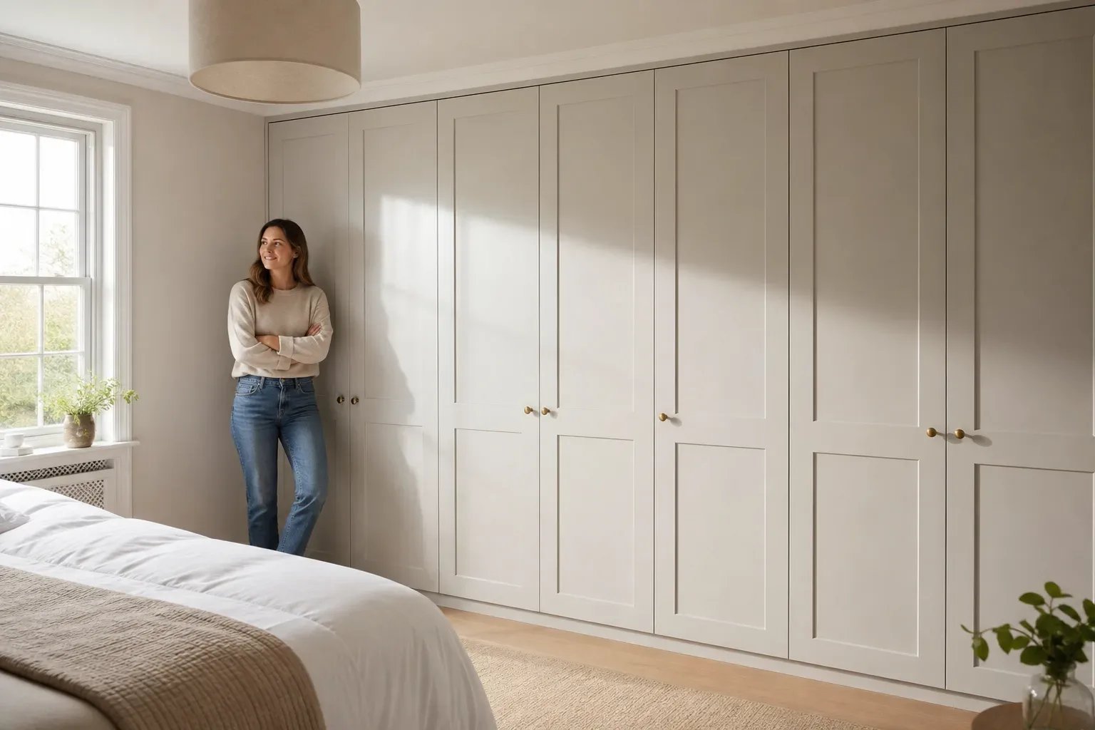 A person stands with arms folded beside a large fitted wardrobe with shaker-style doors and brass knobs in a bright bedroom