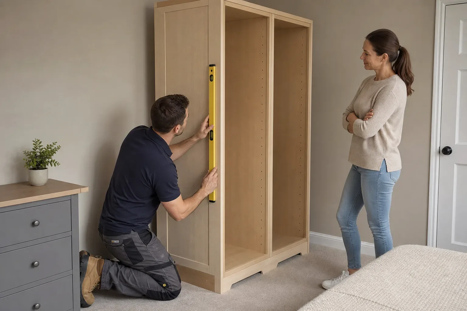 A person kneels to check a spirit level against a large wooden wardrobe carcass while another person stands watching nearby in a bedroom