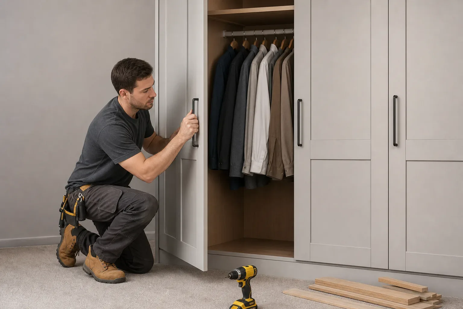 A tradesperson kneels on carpet to adjust the door of a large fitted wardrobe containing hanging clothes, with a cordless drill and timber offcuts on the floor nearby