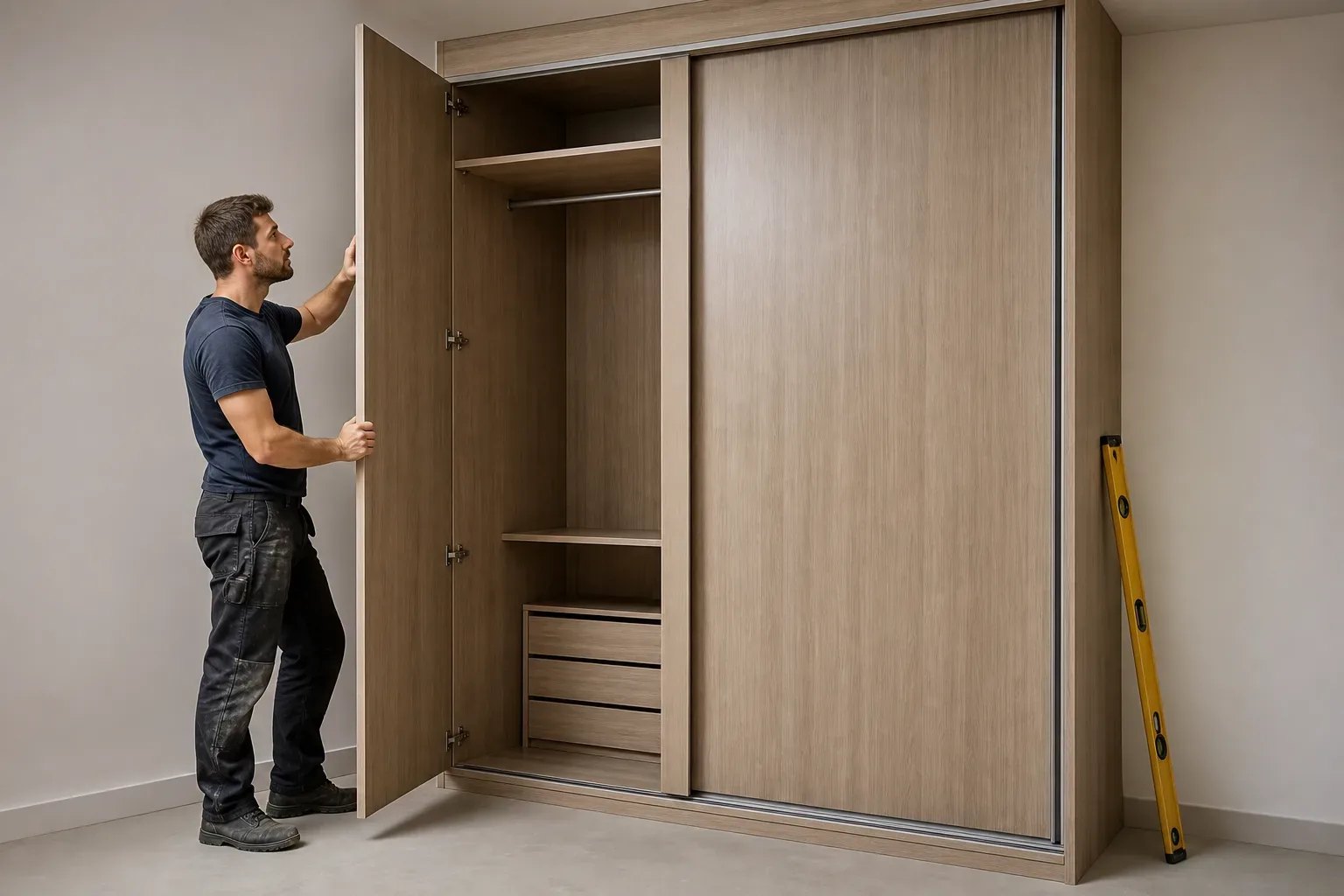 A worker in dark clothing adjusts the hinged door panel of a large built-in wardrobe unit, with a spirit level resting against the wall nearby