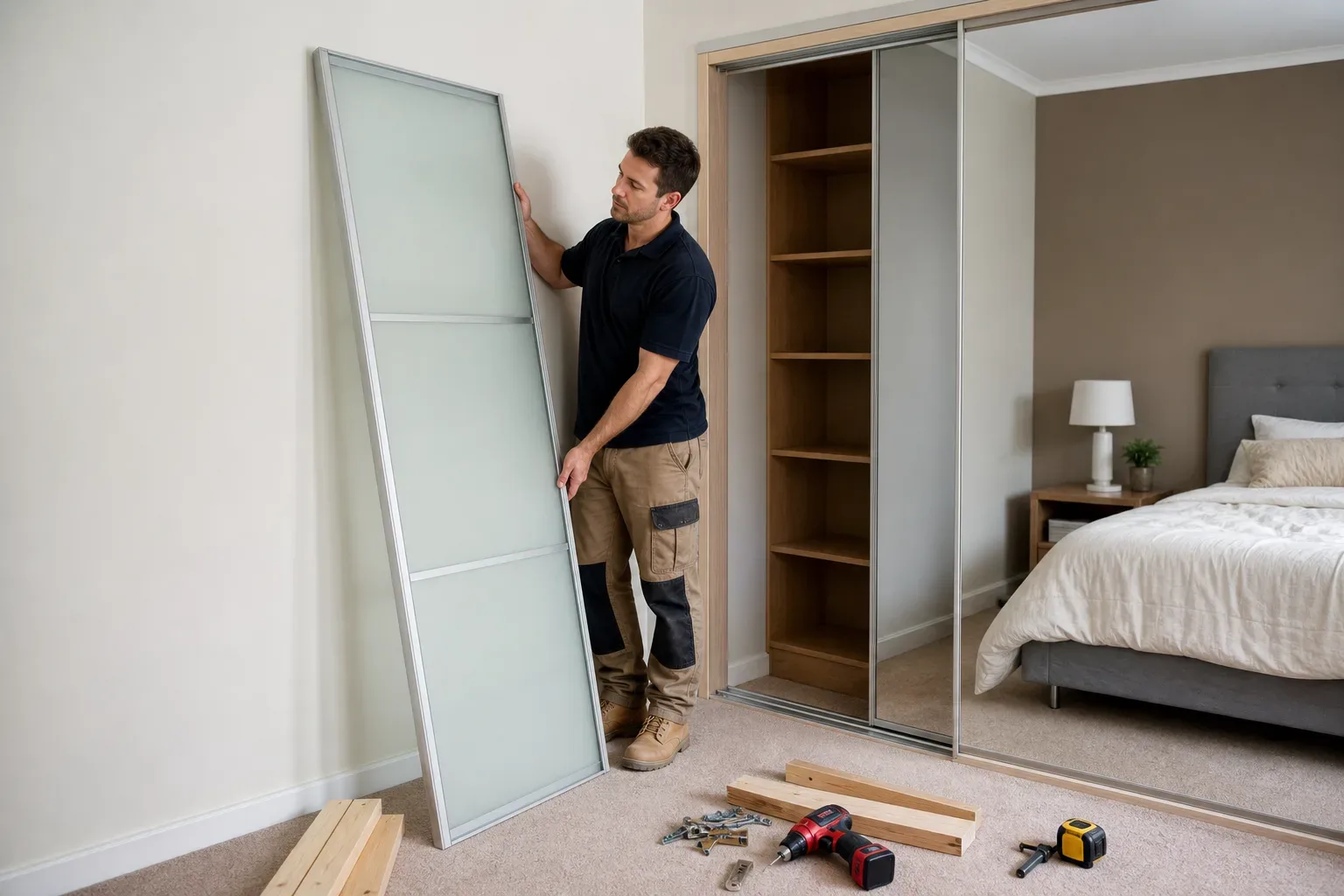 A tradesperson in work clothing holds a tall framed glass panel upright beside a built-in sliding-door wardrobe unit in a bedroom, with a cordless drill, timber offcuts, and fixings on the carpeted floor nearby