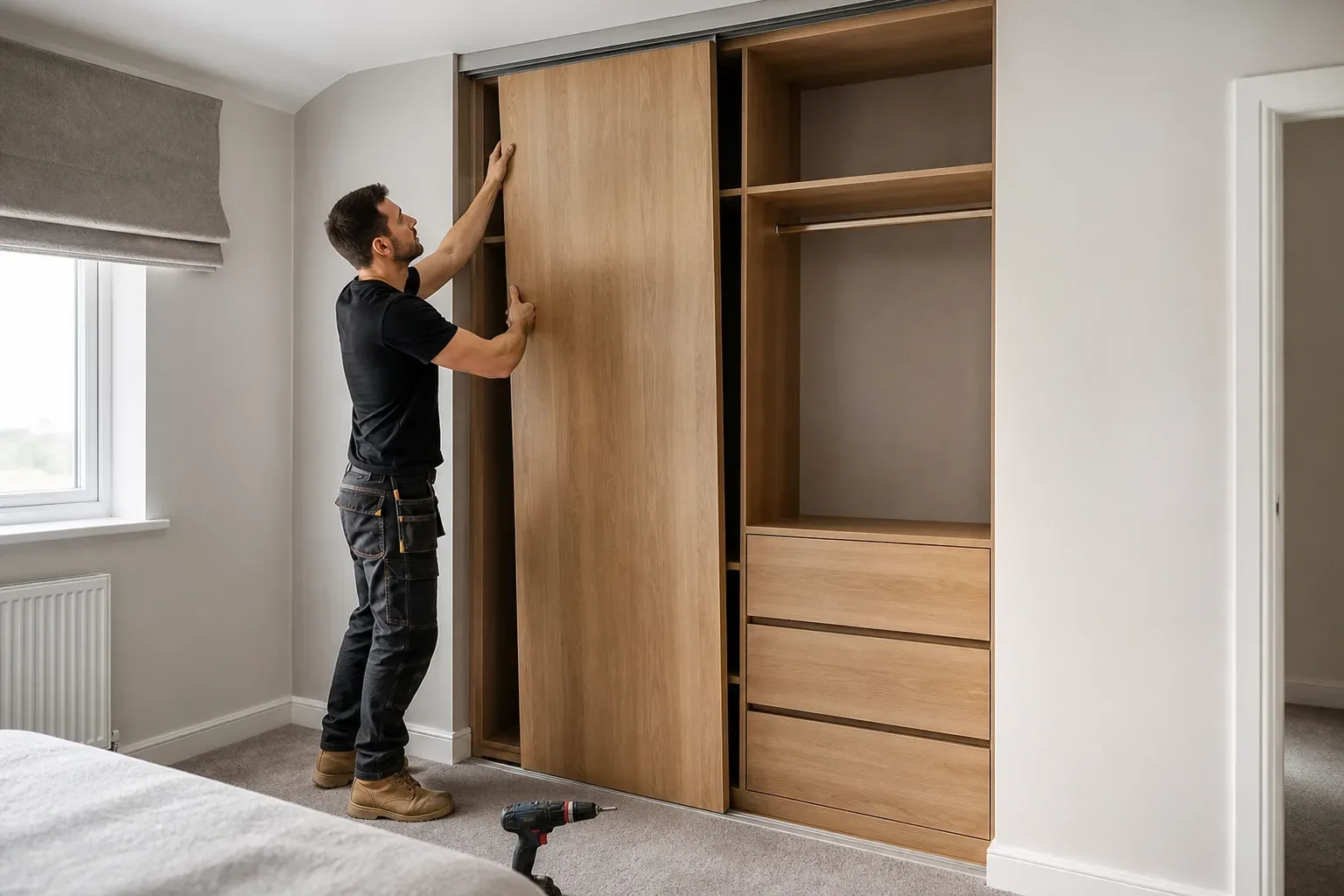 A carpenter pressing a sliding door panel into its top-hung rail on a tall wardrobe carcass fitted into a bedroom alcove while a cordless drill lies on the carpet below